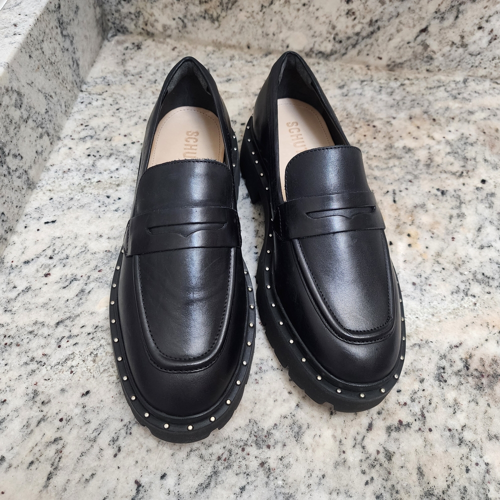 SCHUTZ Black Women's Loafers with Stud Accents,Pre-owned In Good Condition 7.5B